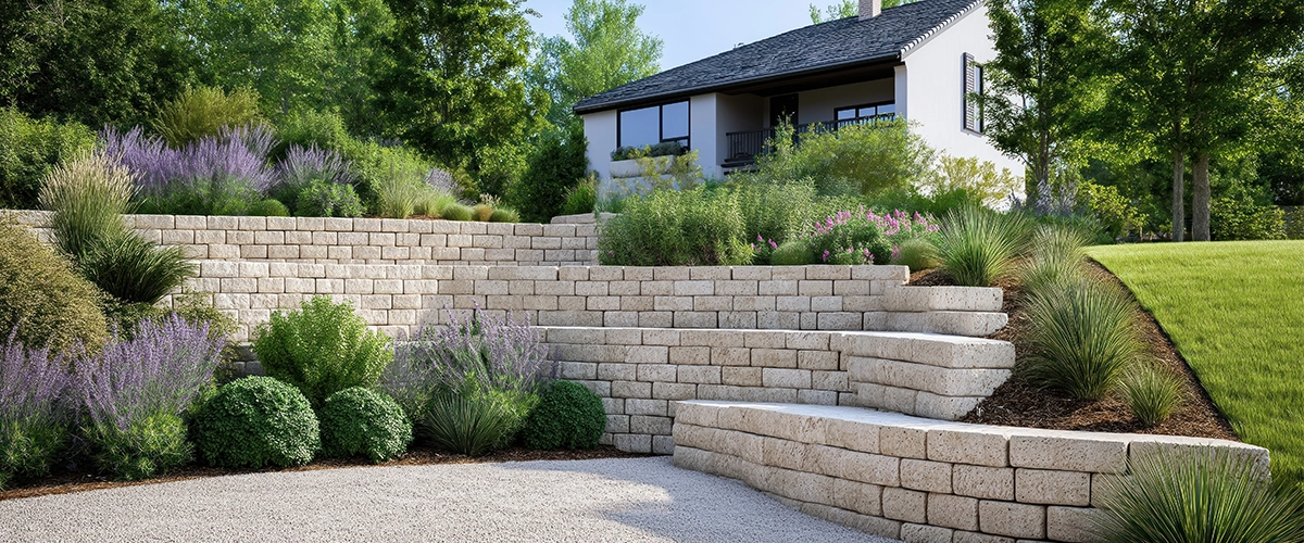 Landscaping project shows new retaining wall with interlocking blocks