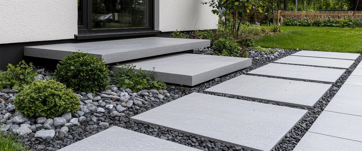 Modern home exterior steps and concrete patio